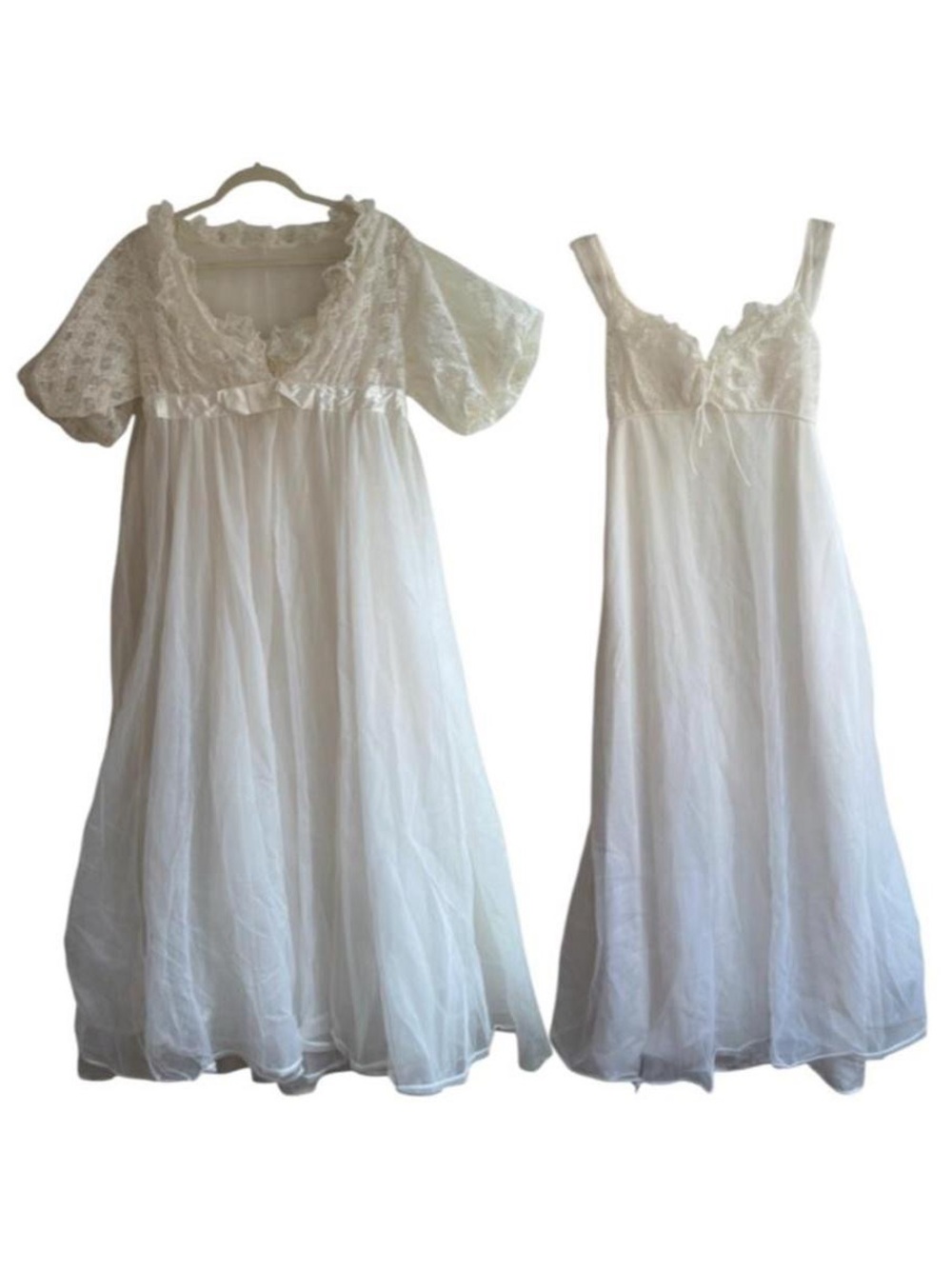 Vintage 60s Radcliffe White Tulle & Lace Lingerie Sleep Set Robe & Dress Size L